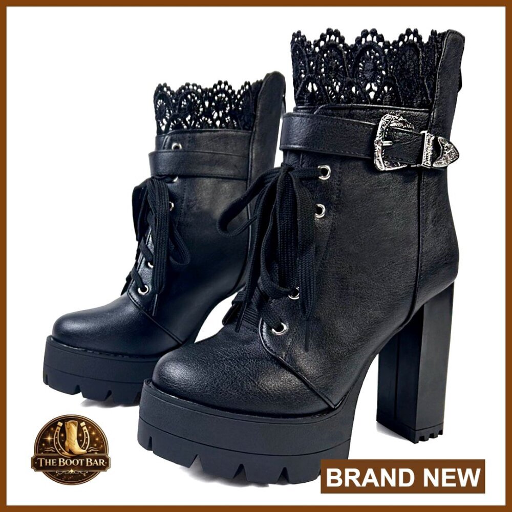 Chunky Heel Ankle Boots Platform Lace Up Zipper Goth Punk Edgy Festival Wear